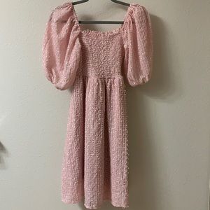 Pink Shirred Puffy Sleeve Dress